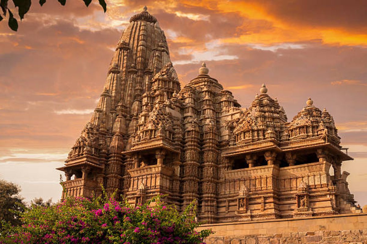 Sunset over the Kandariya Mahadeva Temple in Khajuraho, India.