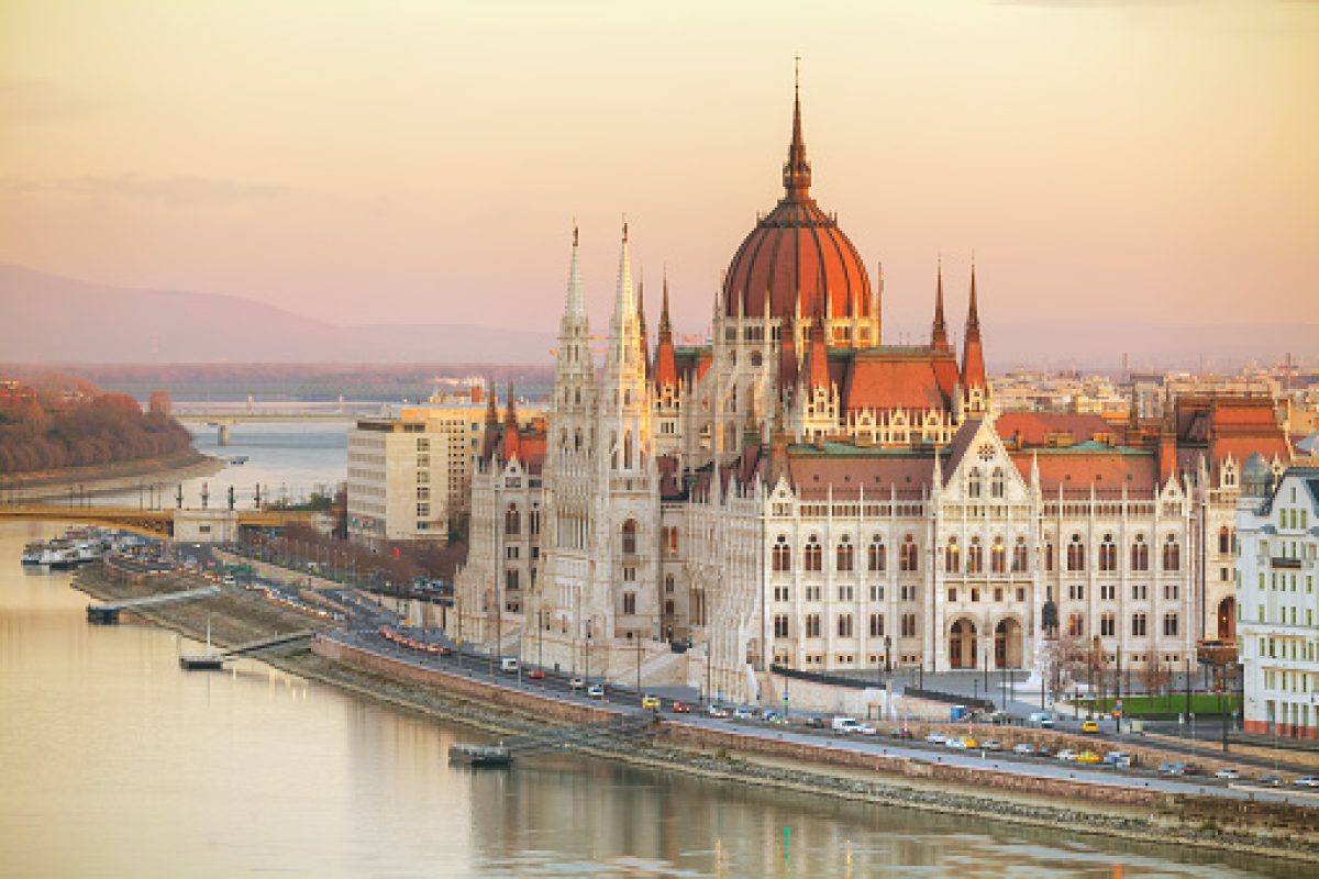Parliament building in Budapest, Hungary at sunrise